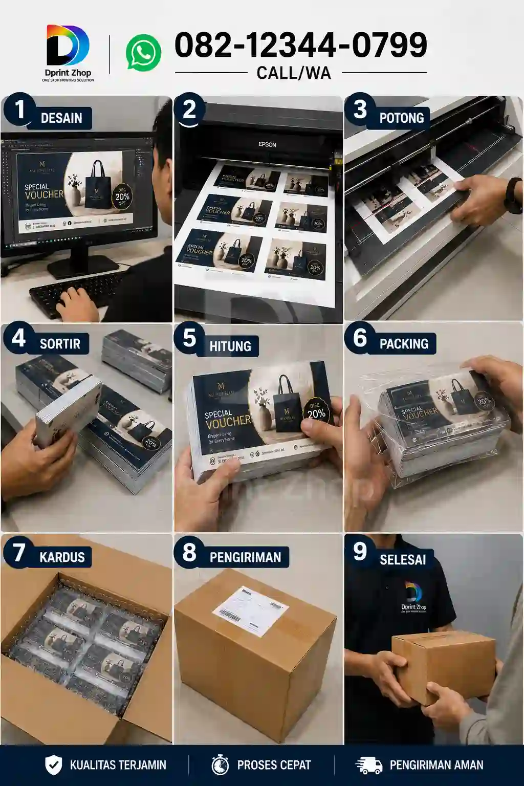 Proses finishing potong perforasi buku voucher belanja di workshop bekasiprint