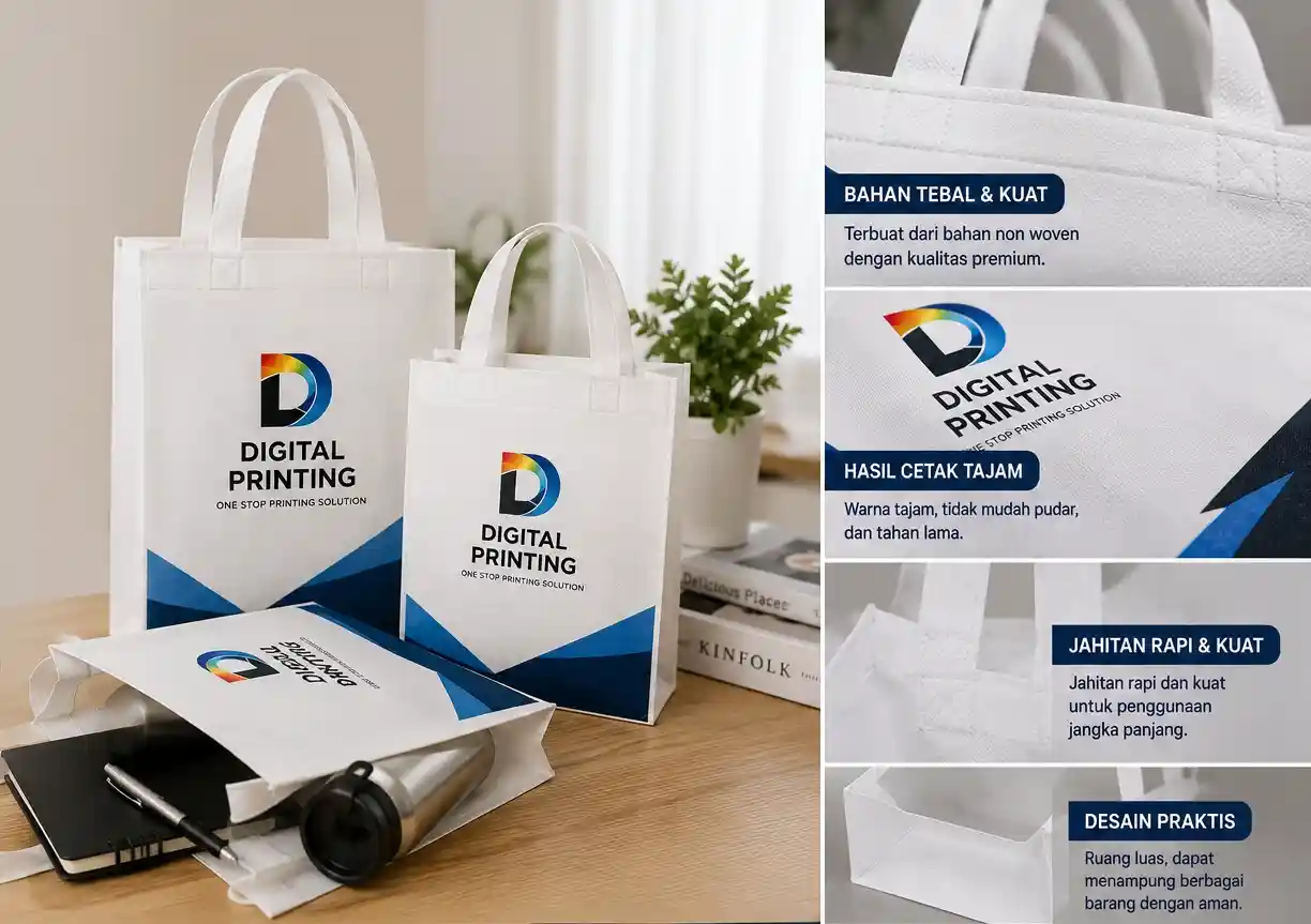 Proses cetak sablon tas spunbond goodie bag otomatis di workshop DPrint-Zhop